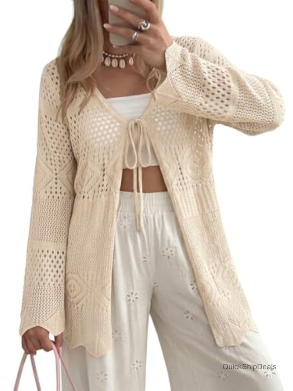 Crochet Cardigan Womens Long Sleeve Tie Front Hollow Out Lightweight Beach